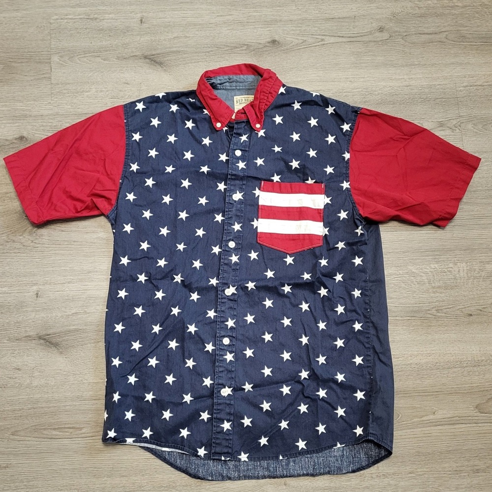 Red Head Brand Co Mens American Flag Stars Stripes Shirt Medium Red Navy Cotton